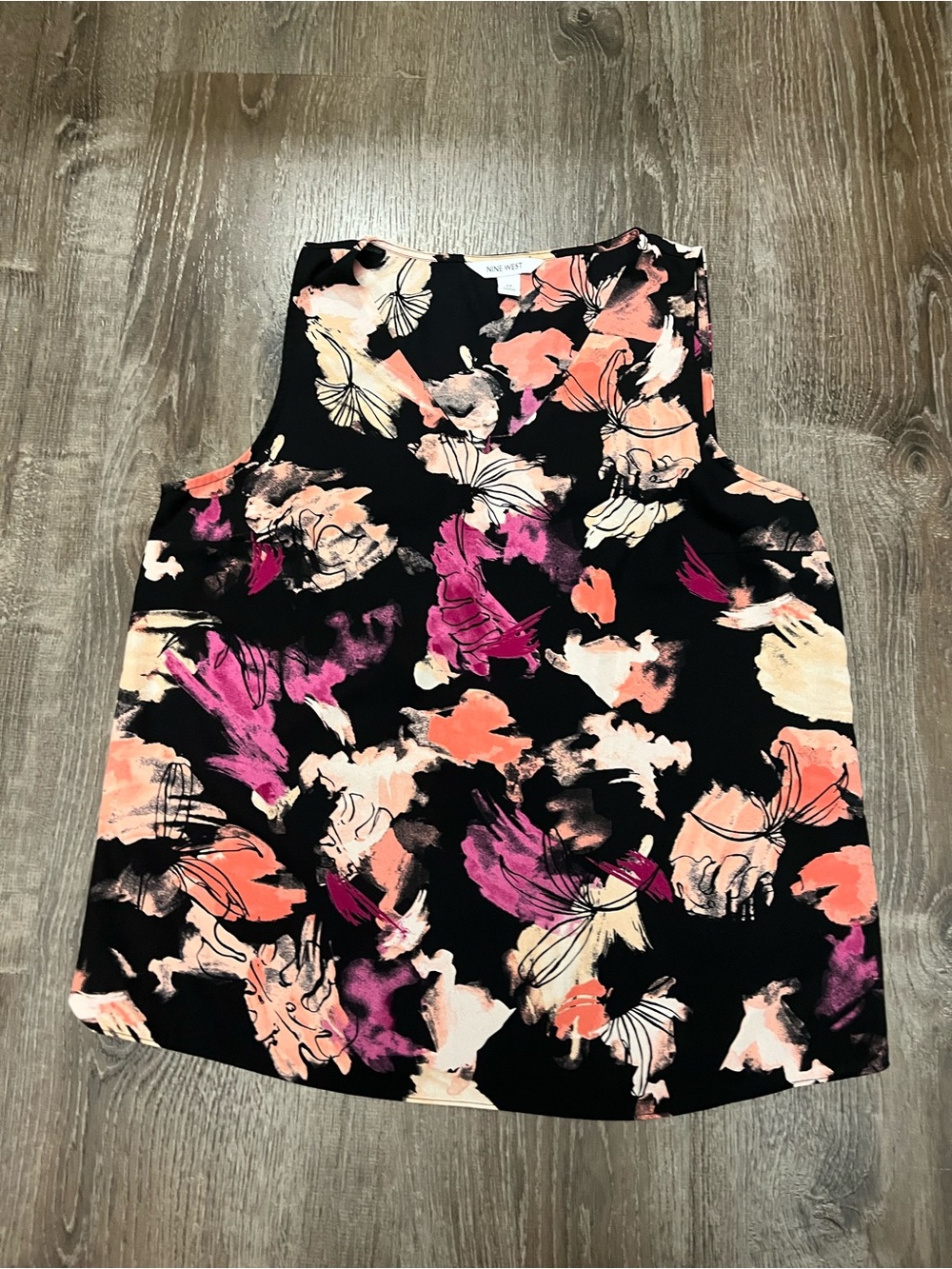 Nine West Black Floral Abstract Tank with Pink and Coral Accents